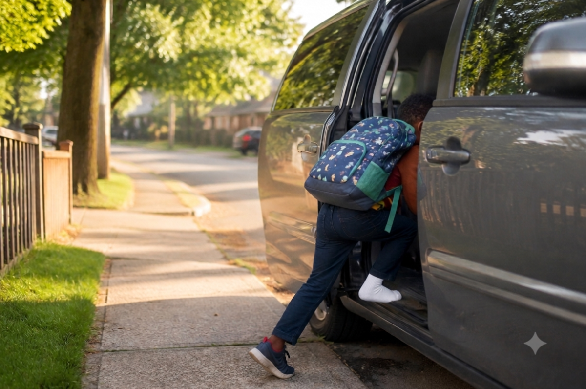 A child wearing a backpack climbs into a family vehicle during the morning commute