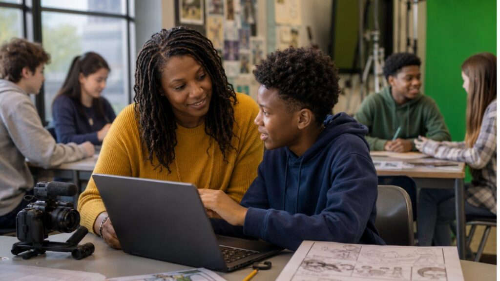 An educator supports a student working on a laptop in a creative classroom